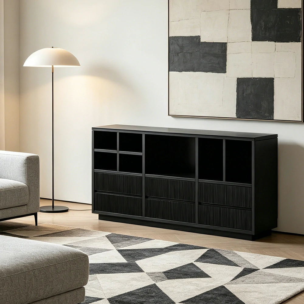 LUXORA Solid Wood Combination Cabinet FAS Rubber Wood Multi Zone Storage for Living Room Kids Room & Study - Black