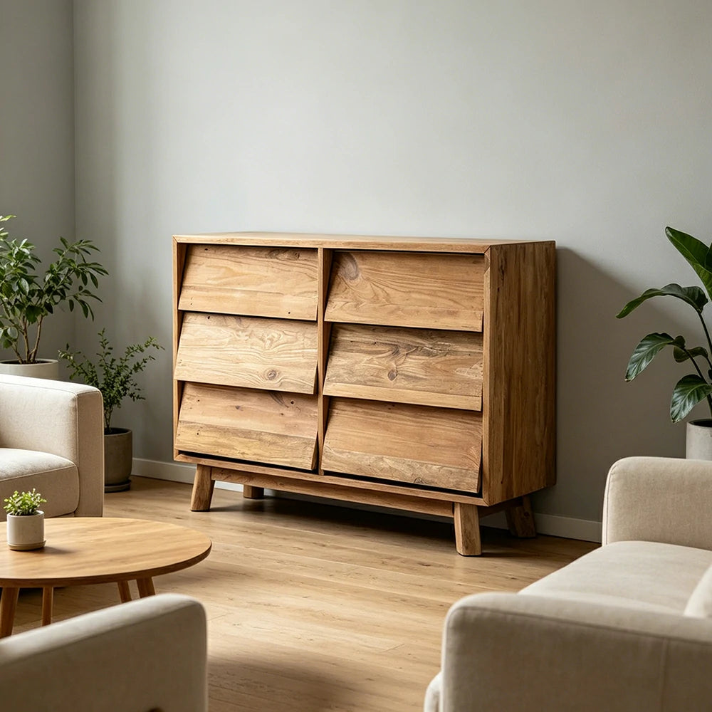 LUXORA Solid Wood Storage Cabinet Wooden Rails Built-in Handles 6 Drawer Cabinet for Living Room Bedroom Study