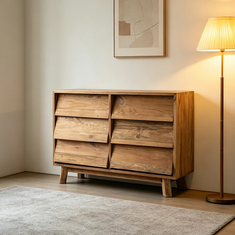 LUXORA Solid Wood Storage Cabinet Wooden Rails Built-in Handles 6 Drawer Cabinet for Living Room Bedroom Study