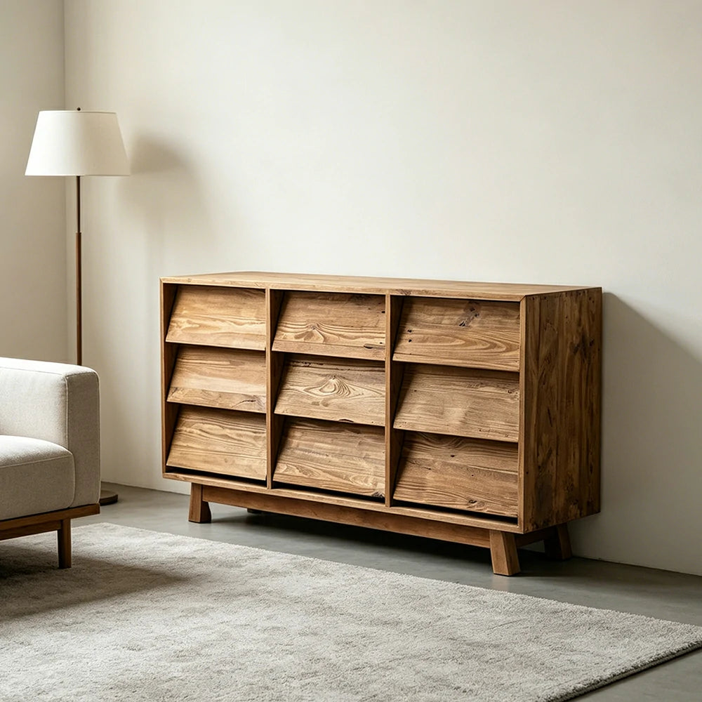 LUXORA Solid Wood Storage Cabinet Wooden Rails Built-in Handles 9 Drawer Cabinet for Living Room Bedroom Study