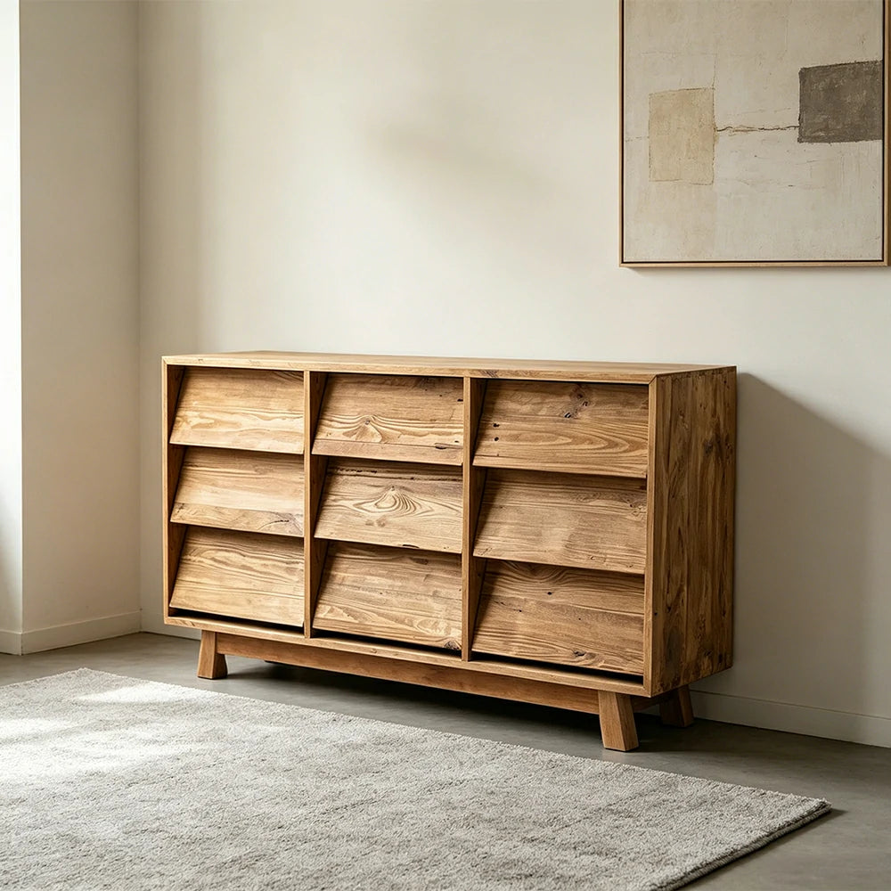 LUXORA Solid Wood Storage Cabinet Wooden Rails Built-in Handles 9 Drawer Cabinet for Living Room Bedroom Study