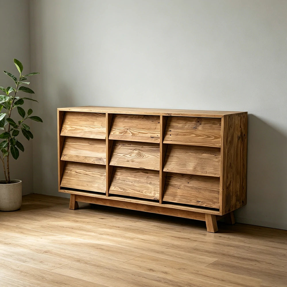 LUXORA Solid Wood Storage Cabinet Wooden Rails Built-in Handles 9 Drawer Cabinet for Living Room Bedroom Study