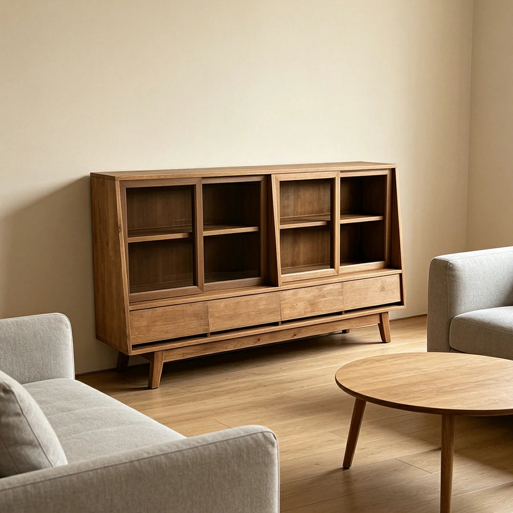 LUXORA Solid Wood Sideboard Cabinet Glass Display Doors 4 Drawers Sliding Doors for Dining Room Living Room - Wood