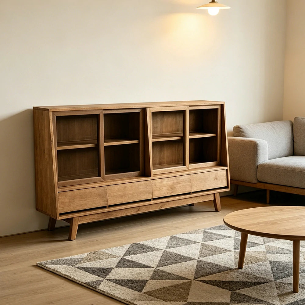 LUXORA Solid Wood Sideboard Cabinet Glass Display Doors 4 Drawers Sliding Doors for Dining Room Living Room - Wood