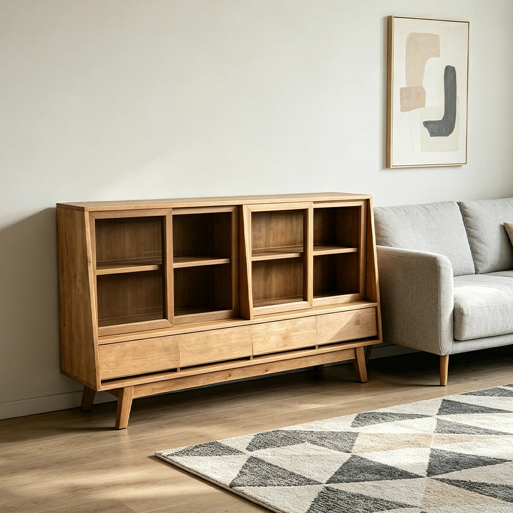 LUXORA Solid Wood Sideboard Cabinet Glass Display Doors 4 Drawers Sliding Doors for Dining Room Living Room - Wood