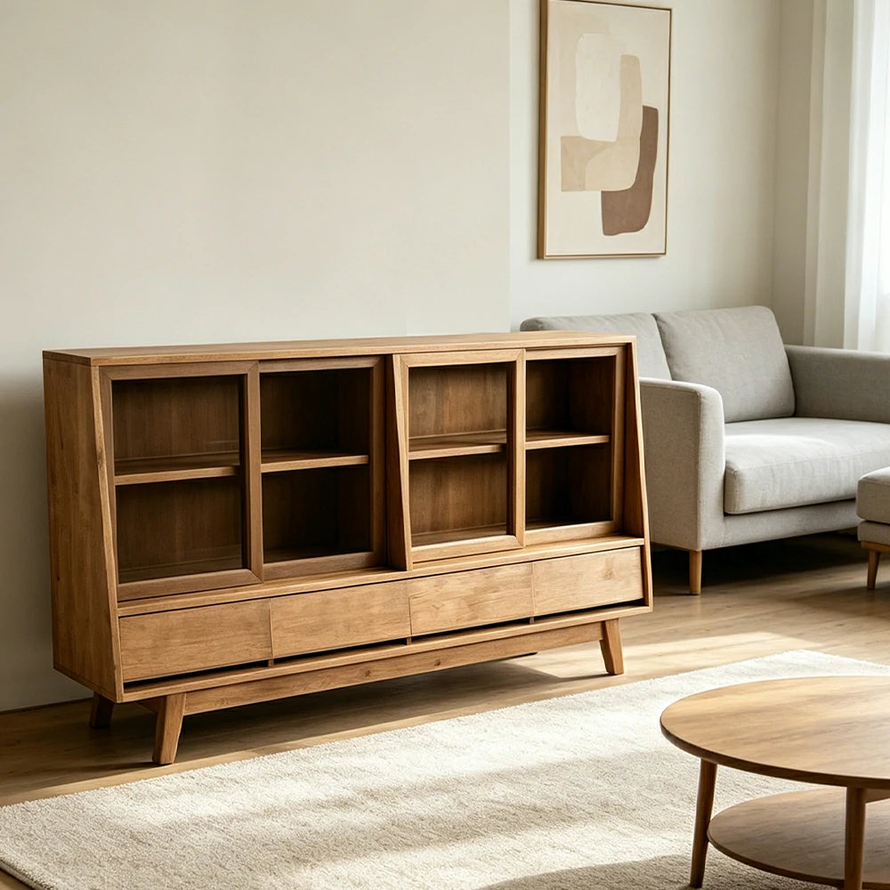 LUXORA Solid Wood Sideboard Cabinet Glass Display Doors 4 Drawers Sliding Doors for Dining Room Living Room - Wood