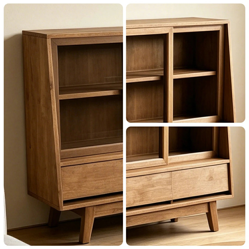 LUXORA Solid Wood Sideboard Cabinet Glass Display Doors 4 Drawers Sliding Doors for Dining Room Living Room - Wood