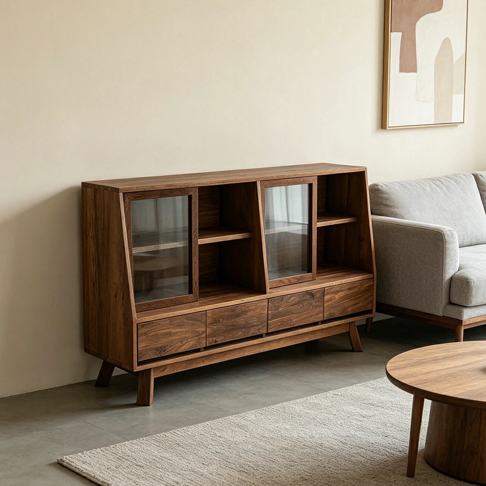 LUXORA Solid Wood Sideboard Cabinet Glass Display Doors 4 Drawers Sliding Doors for Dining Room Living Room - Walnut