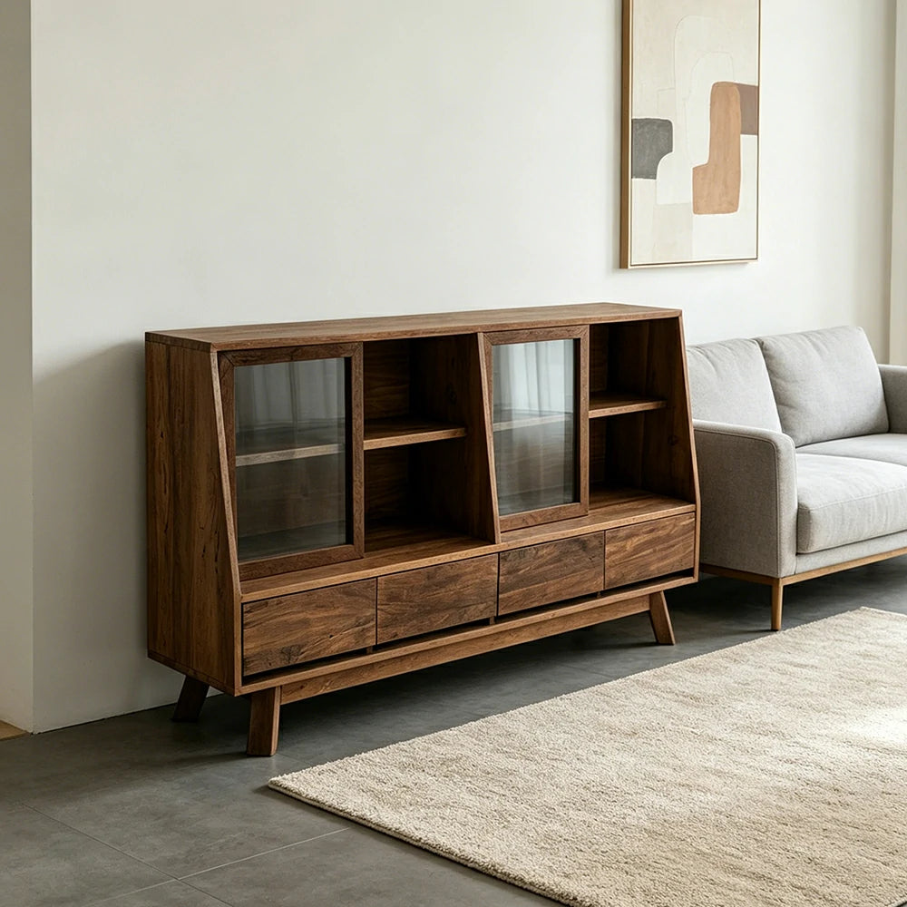 LUXORA Solid Wood Sideboard Cabinet Glass Display Doors 4 Drawers Sliding Doors for Dining Room Living Room - Walnut