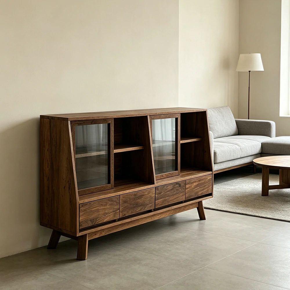 LUXORA Solid Wood Sideboard Cabinet Glass Display Doors 4 Drawers Sliding Doors for Dining Room Living Room - Walnut