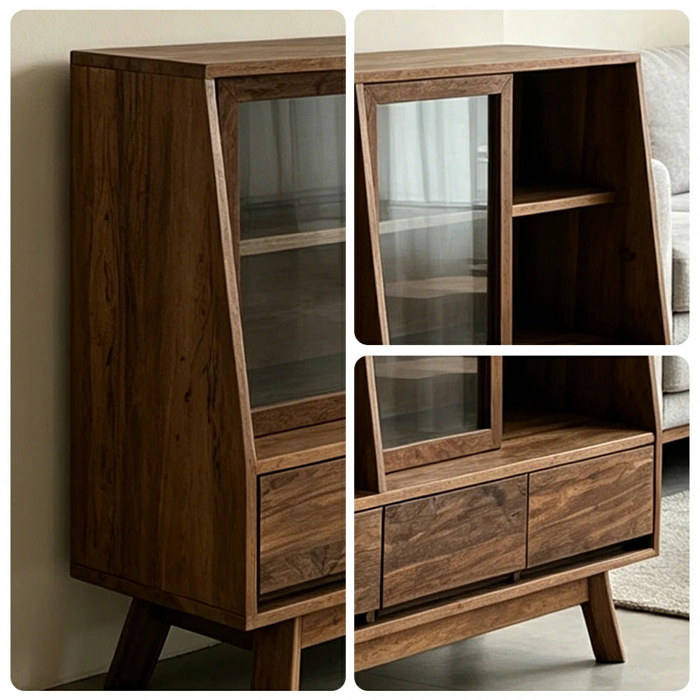 LUXORA Solid Wood Sideboard Cabinet Glass Display Doors 4 Drawers Sliding Doors for Dining Room Living Room - Walnut