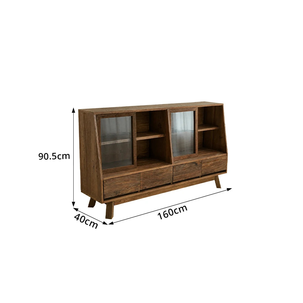 LUXORA Solid Wood Sideboard Cabinet Glass Display Doors 4 Drawers Sliding Doors for Dining Room Living Room - Walnut
