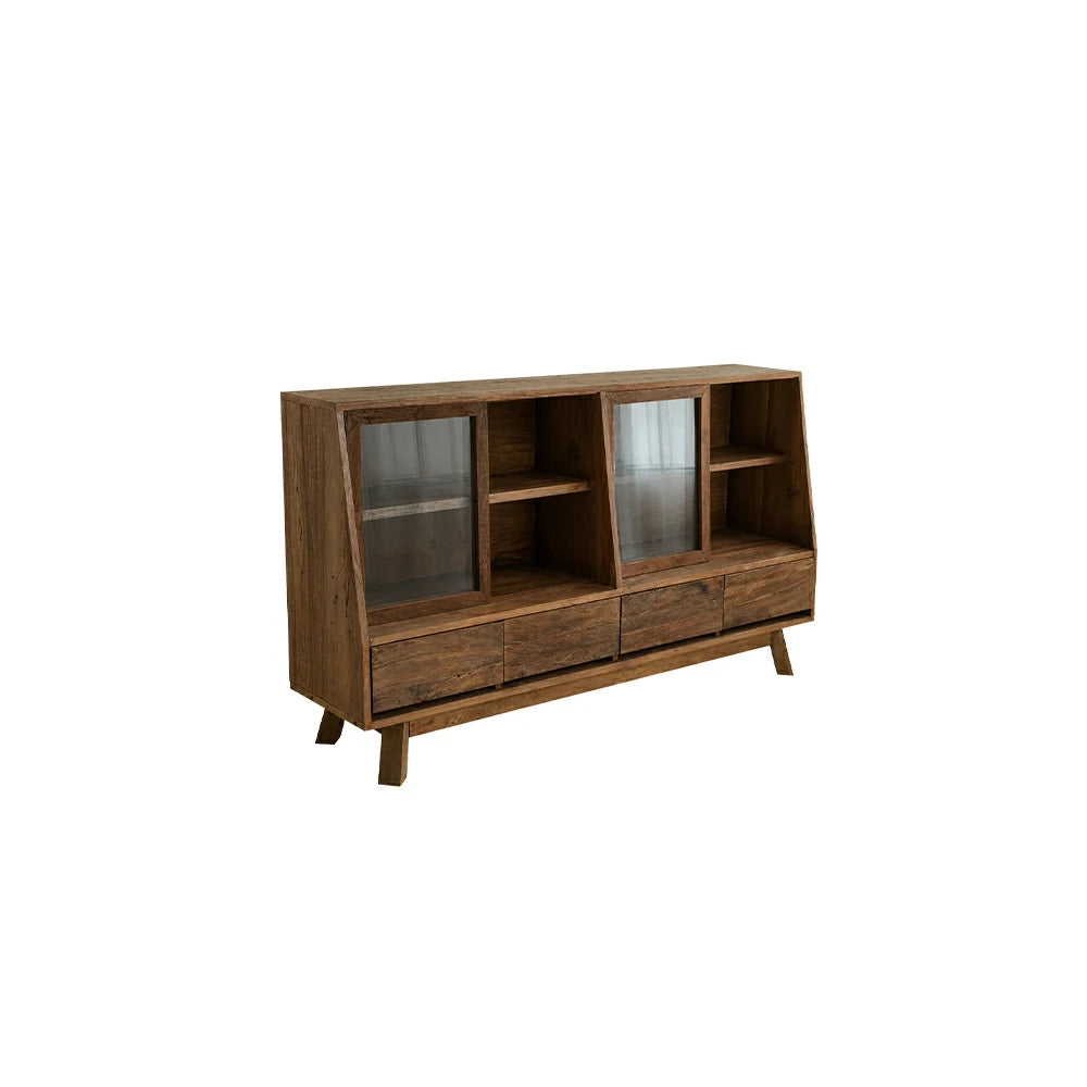 LUXORA Solid Wood Sideboard Cabinet Glass Display Doors 4 Drawers Sliding Doors for Dining Room Living Room - Walnut