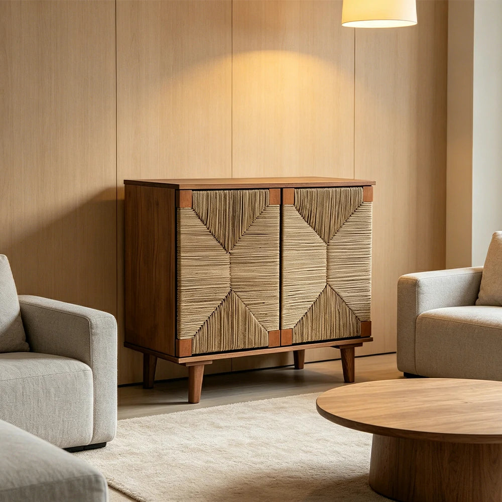 LUXORA Woven Double Door Storage Cabinet Grass Cord Doors Spacious Storage 2 Door for Living Room Dining Room Entryway - Wood