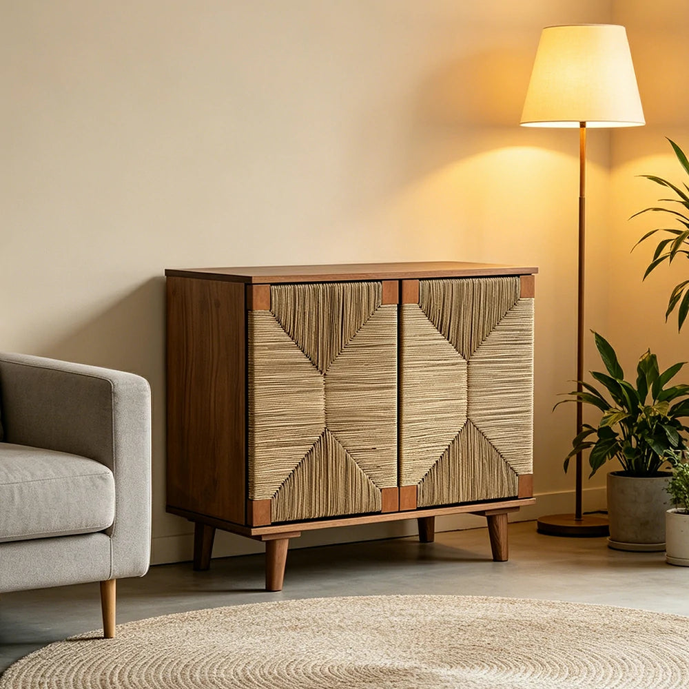 LUXORA Woven Double Door Storage Cabinet Grass Cord Doors Spacious Storage 2 Door for Living Room Dining Room Entryway - Wood