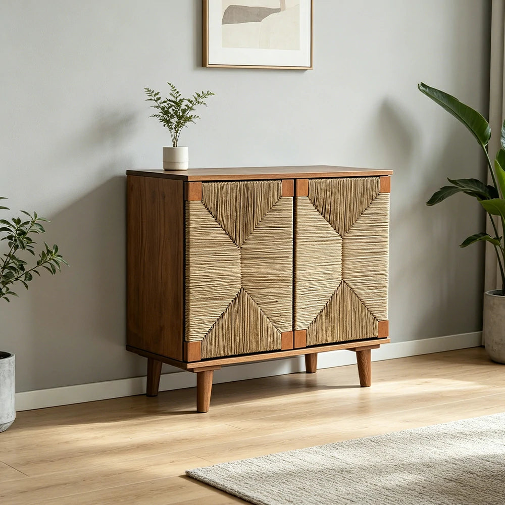 LUXORA Woven Double Door Storage Cabinet Grass Cord Doors Spacious Storage 2 Door for Living Room Dining Room Entryway - Wood