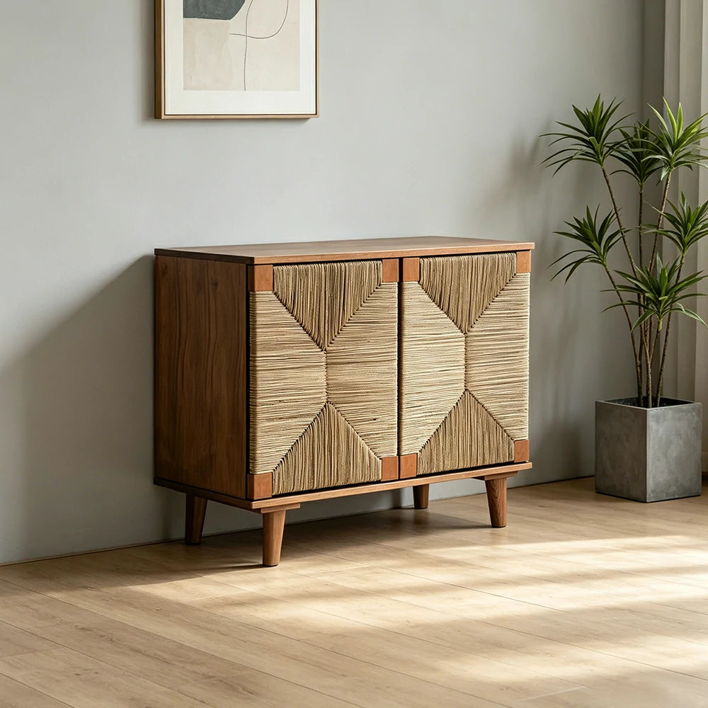 LUXORA Woven Double Door Storage Cabinet Grass Cord Doors Spacious Storage 2 Door for Living Room Dining Room Entryway - Wood