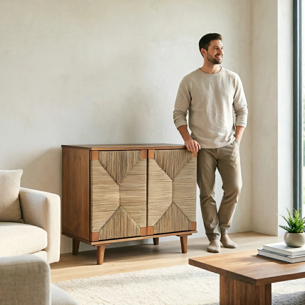 LUXORA Woven Double Door Storage Cabinet Grass Cord Doors Spacious Storage 2 Door for Living Room Dining Room Entryway - Wood