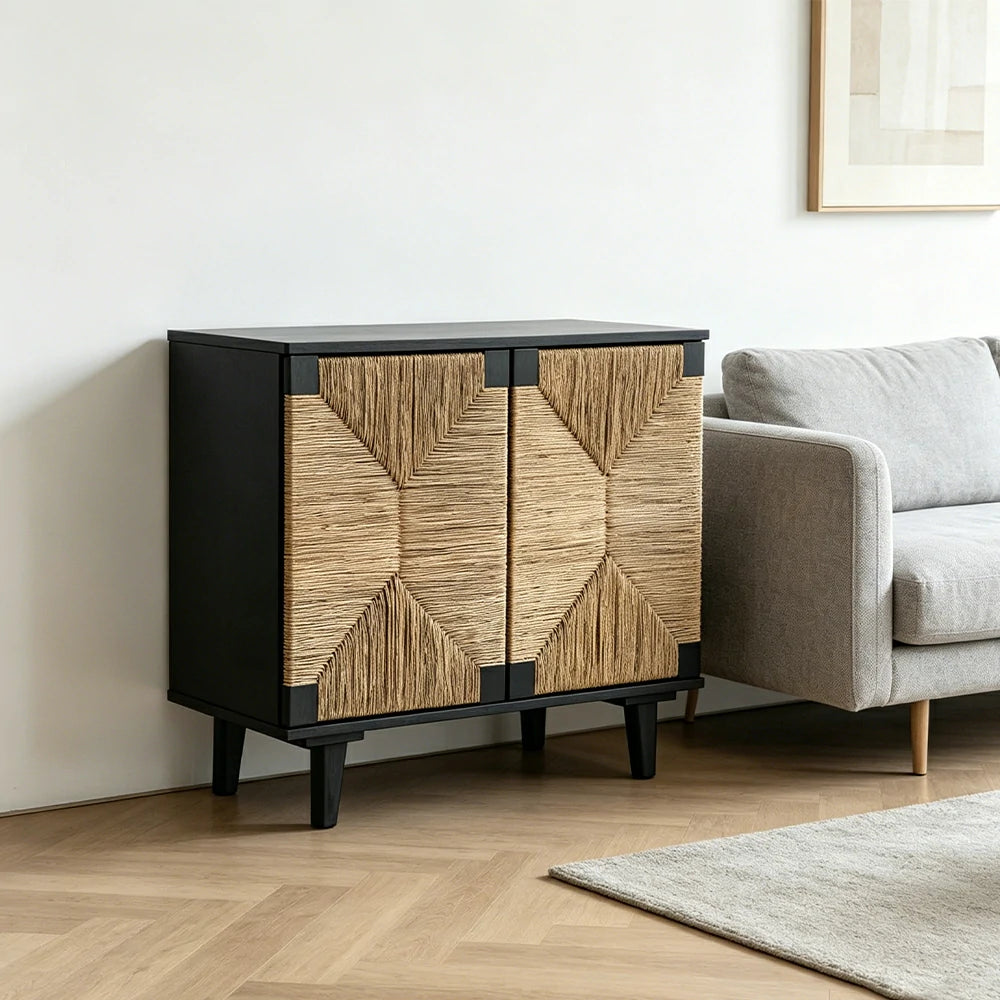 LUXORA Woven Double Door Storage Cabinet Grass Cord Doors Spacious Storage 2 Door for Living Room Dining Room Entryway - Black