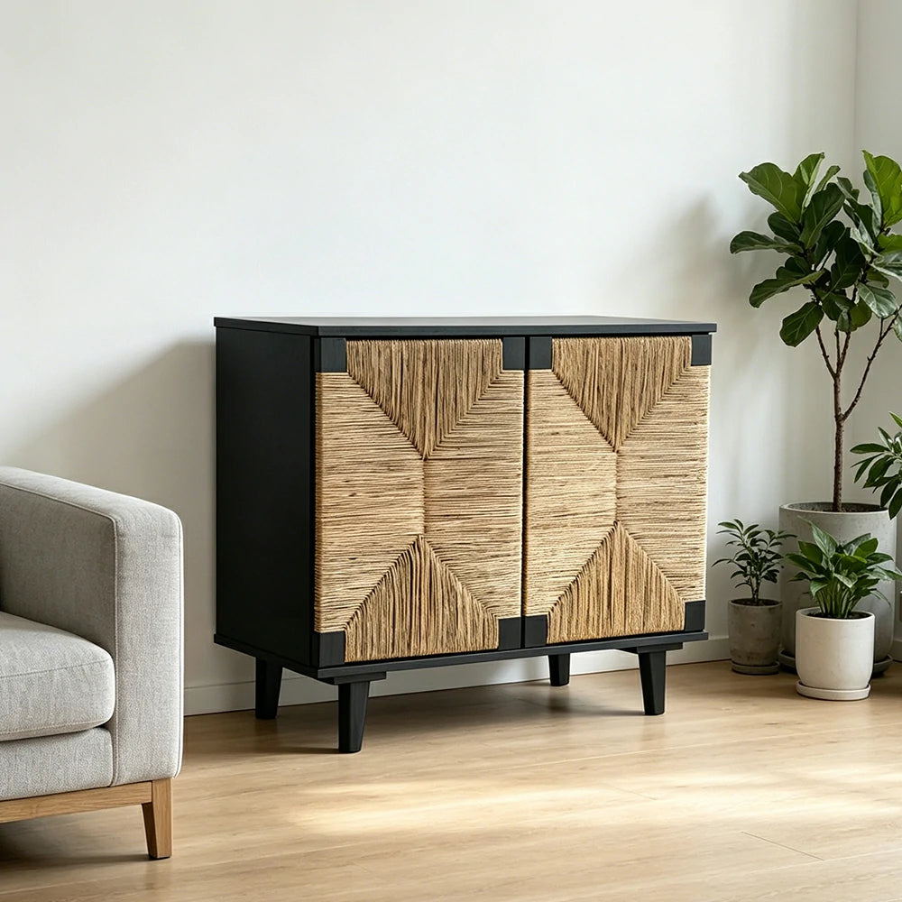 LUXORA Woven Double Door Storage Cabinet Grass Cord Doors Spacious Storage 2 Door for Living Room Dining Room Entryway - Black