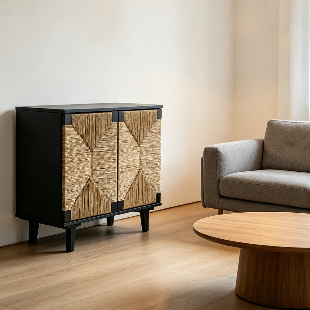 LUXORA Woven Double Door Storage Cabinet Grass Cord Doors Spacious Storage 2 Door for Living Room Dining Room Entryway - Black