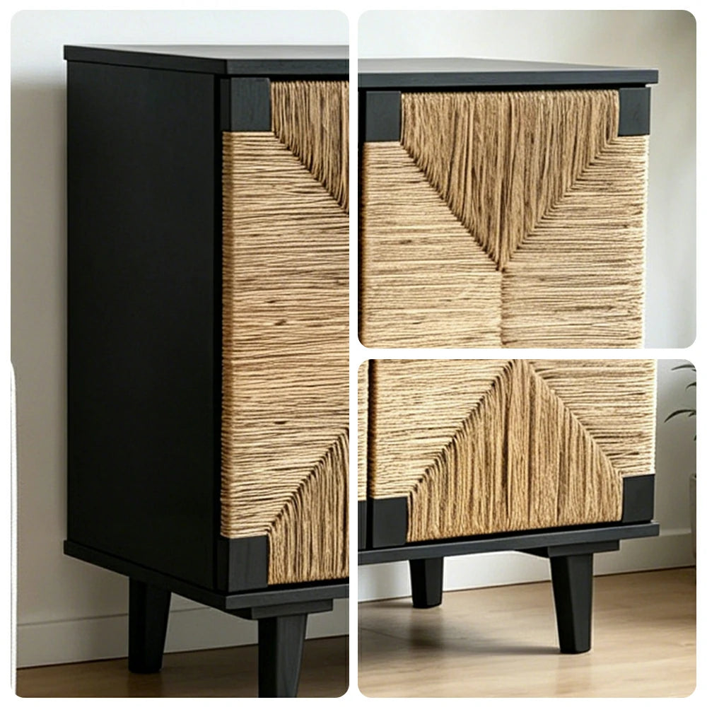 LUXORA Woven Double Door Storage Cabinet Grass Cord Doors Spacious Storage 2 Door for Living Room Dining Room Entryway - Black