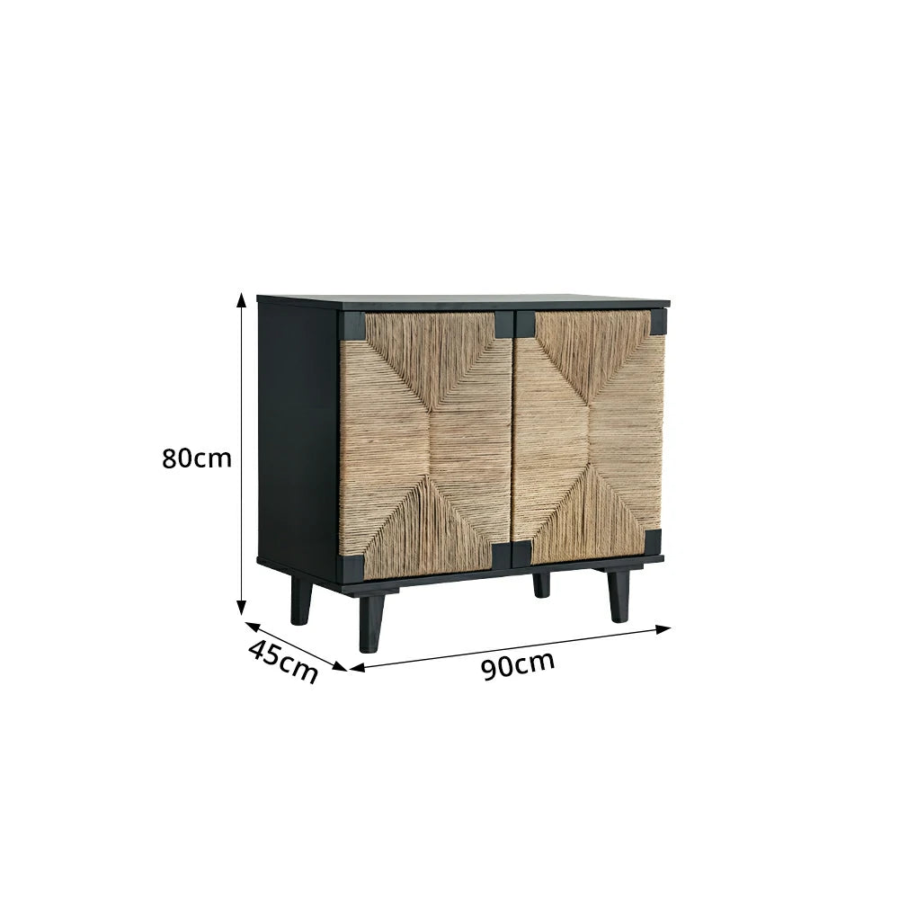 LUXORA Woven Double Door Storage Cabinet Grass Cord Doors Spacious Storage 2 Door for Living Room Dining Room Entryway - Black