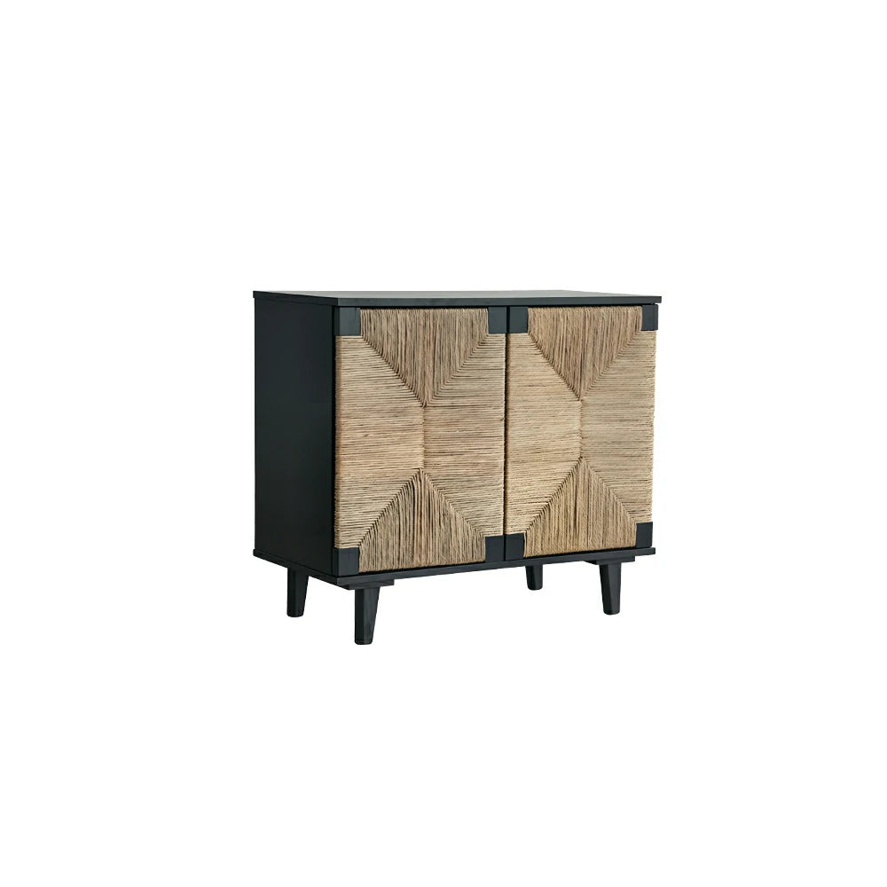 LUXORA Woven Double Door Storage Cabinet Grass Cord Doors Spacious Storage 2 Door for Living Room Dining Room Entryway - Black