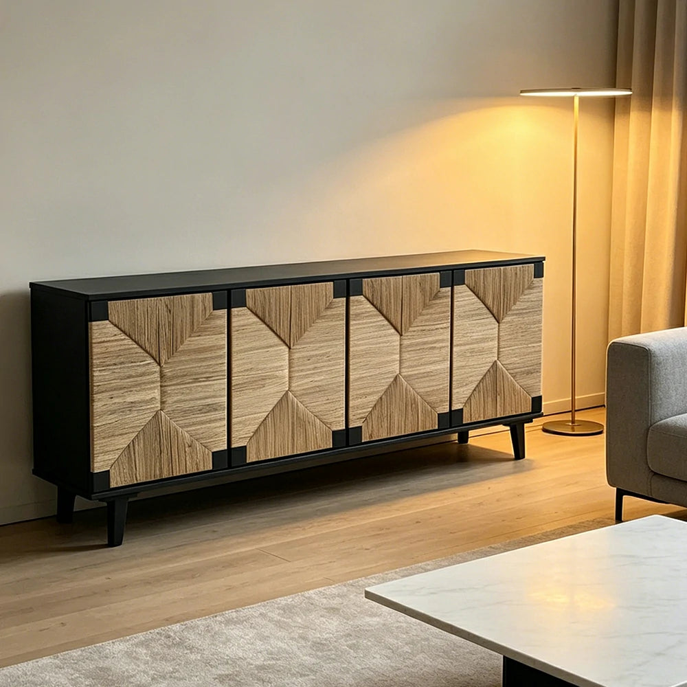 LUXORA Woven Storage Cabinet Grass Cord Doors Spacious Storage 4 Door for Living Room Dining Room Entryway - Black