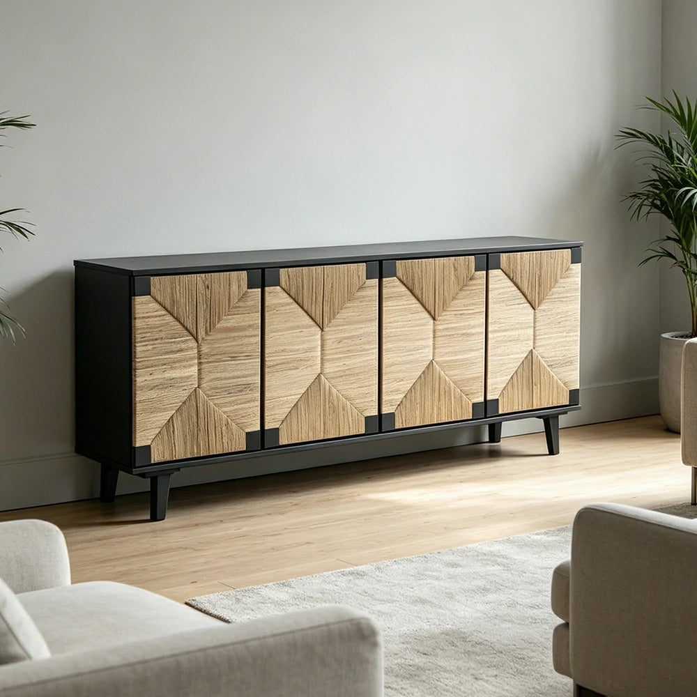 LUXORA Woven Storage Cabinet Grass Cord Doors Spacious Storage 4 Door for Living Room Dining Room Entryway - Black