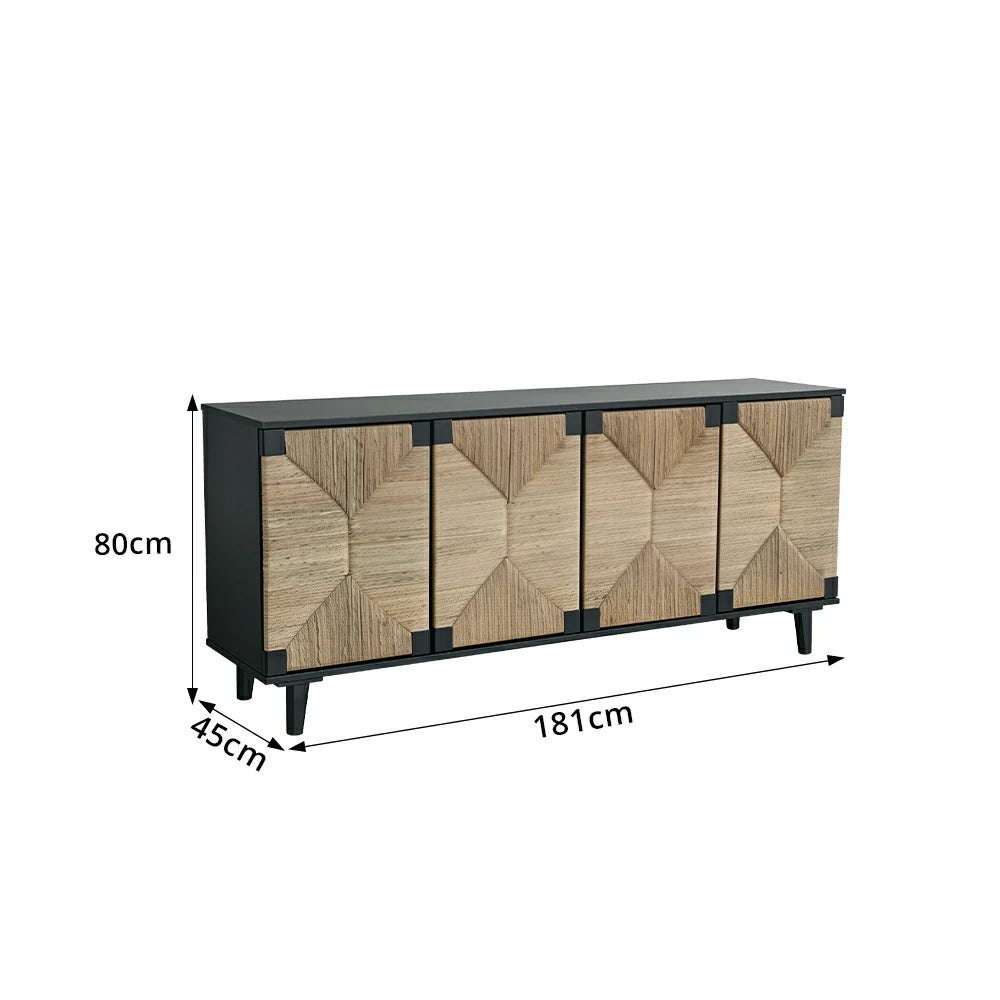 LUXORA Woven Storage Cabinet Grass Cord Doors Spacious Storage 4 Door for Living Room Dining Room Entryway - Black