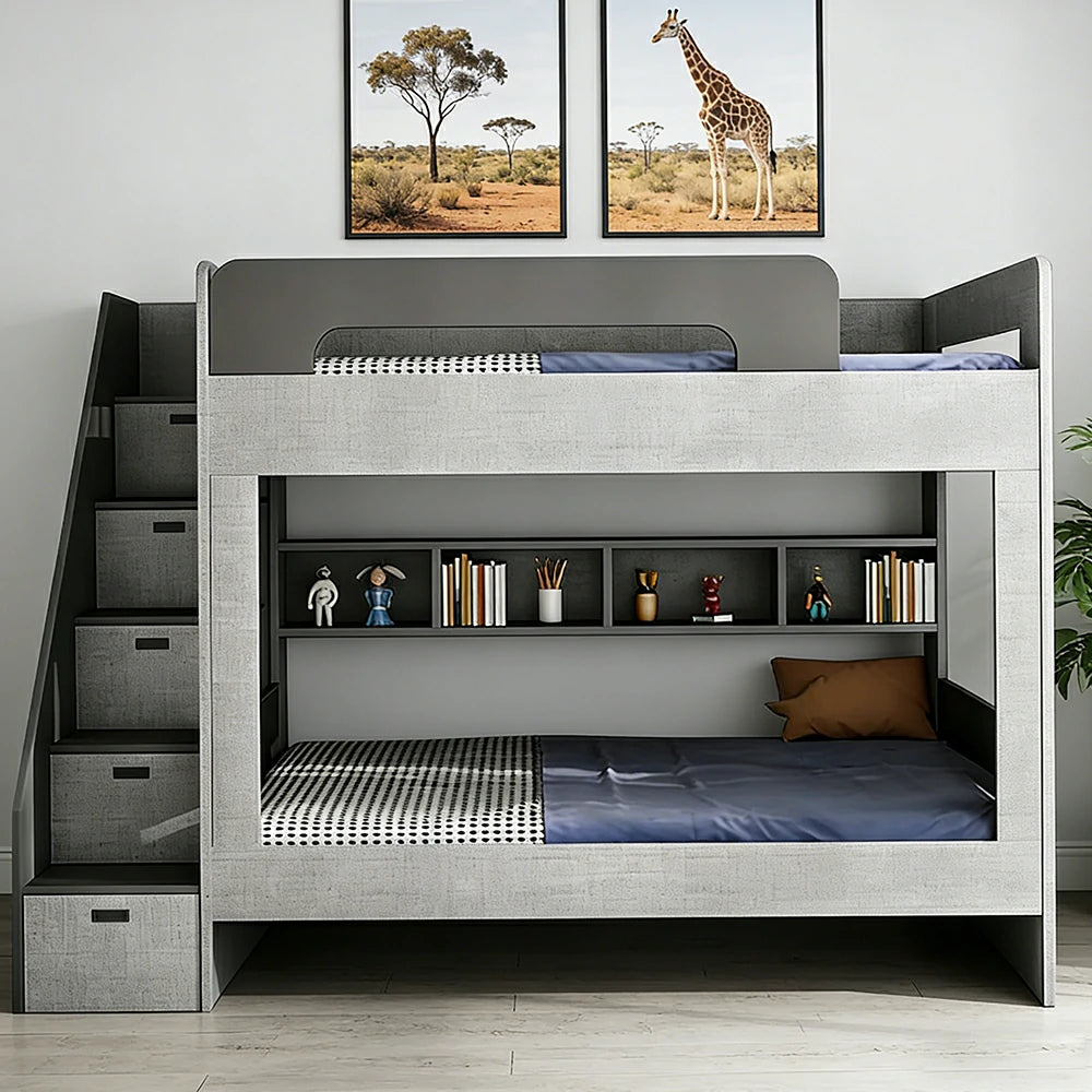 LUXORA 120/135/150cm Kids Bunk Bed with Bookshelf and Storage Stairs Solid Wood Frame Space Saving Design Safety Rails - Grey