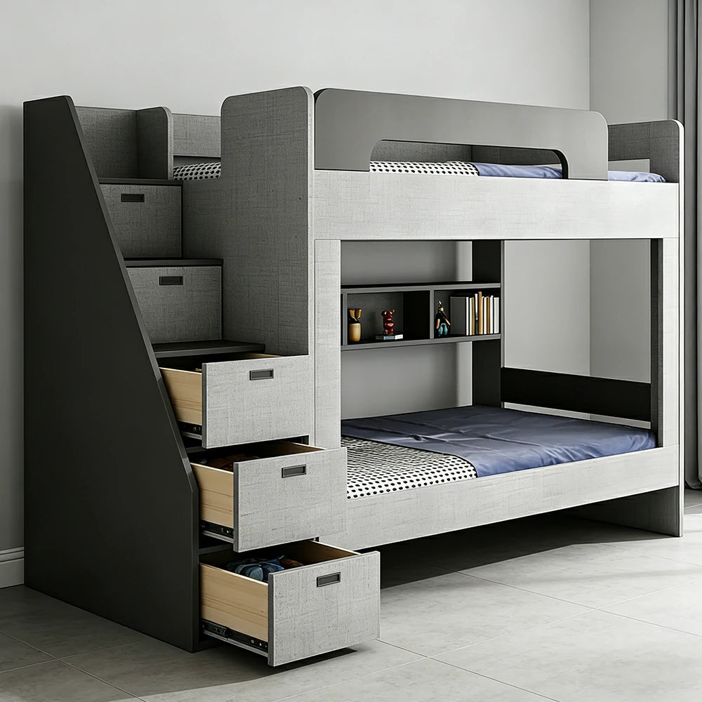 LUXORA 120/135/150cm Kids Bunk Bed with Bookshelf and Storage Stairs Solid Wood Frame Space Saving Design Safety Rails - Grey