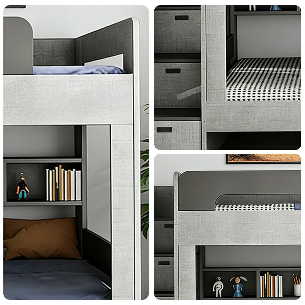 LUXORA 120/135/150cm Kids Bunk Bed with Bookshelf and Storage Stairs Solid Wood Frame Space Saving Design Safety Rails - Grey