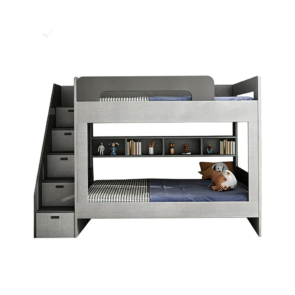 LUXORA 120/135/150cm Kids Bunk Bed with Bookshelf and Storage Stairs Solid Wood Frame Space Saving Design Safety Rails - Grey