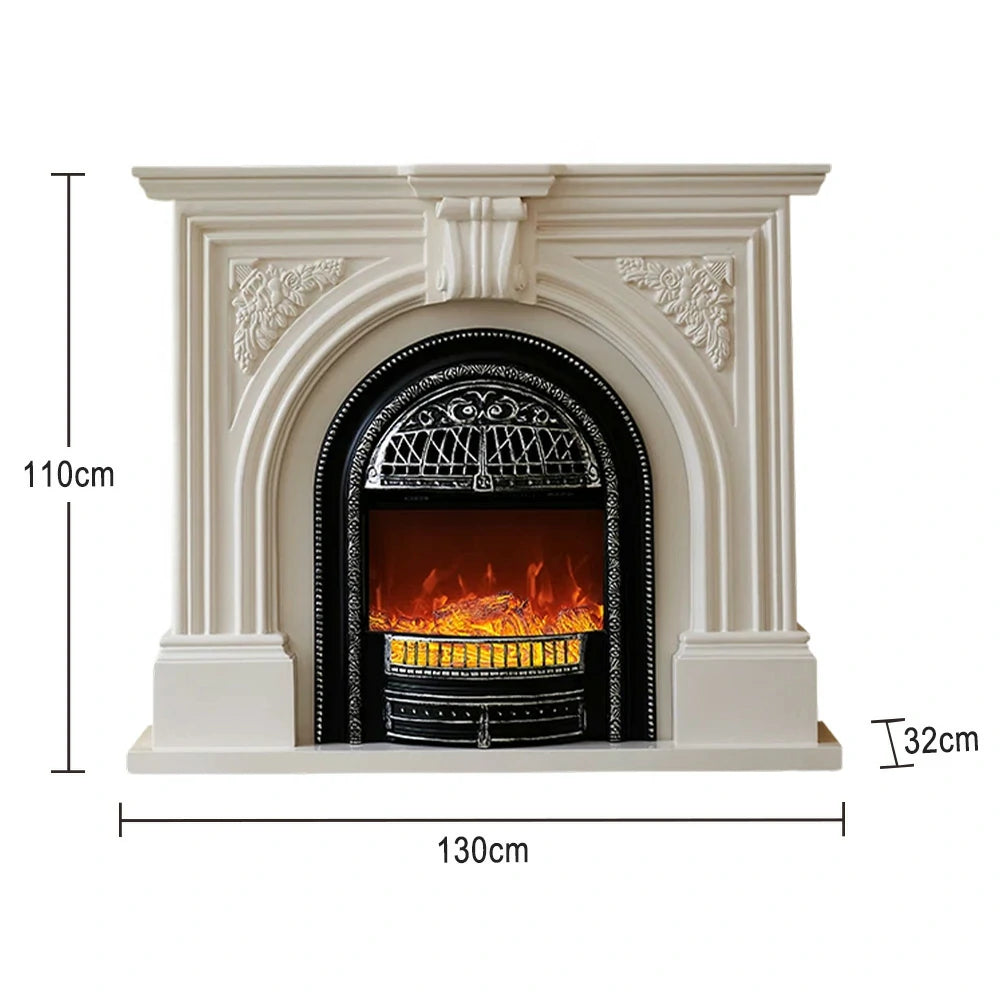 LIVARA 130cm Decorative Fireplace Mantel - Ivory White Solid Wood Frame, Birdcage Flame Core Insert, Elegant Classic Design