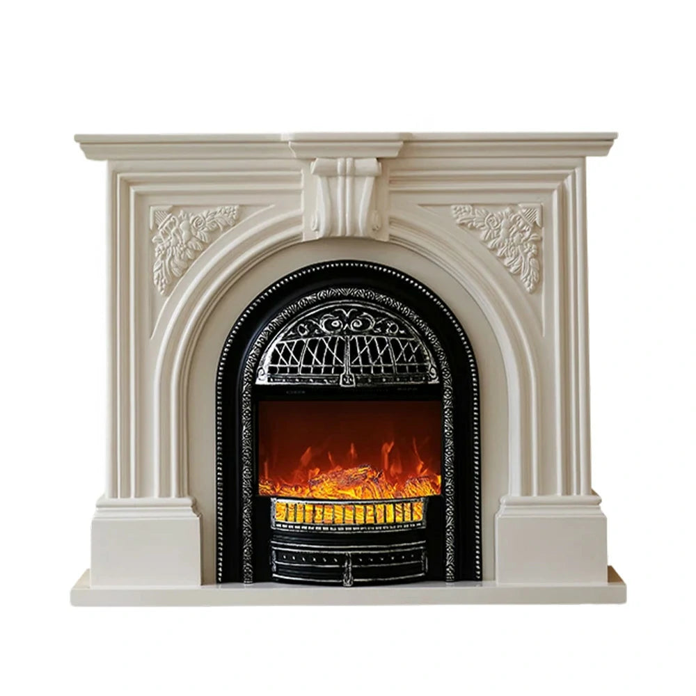 LIVARA 130cm Decorative Fireplace Mantel - Ivory White Solid Wood Frame, Birdcage Flame Core Insert, Elegant Classic Design