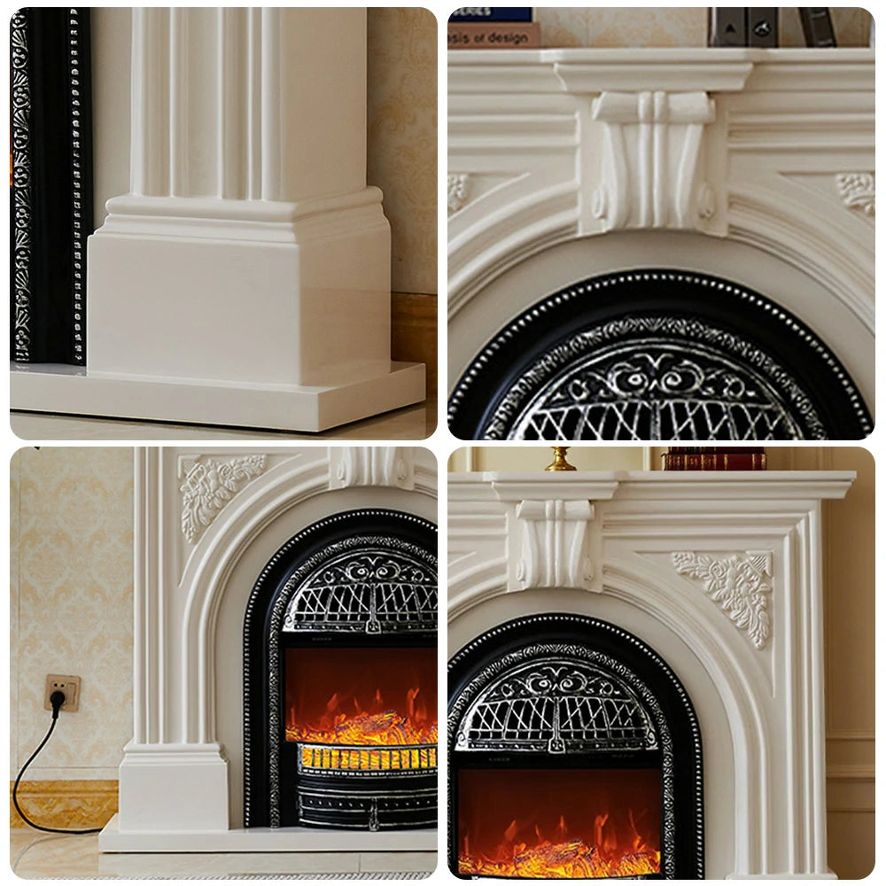 LIVARA 130cm Decorative Fireplace Mantel - Ivory White Solid Wood Frame, Birdcage Flame Core Insert, Elegant Classic Design