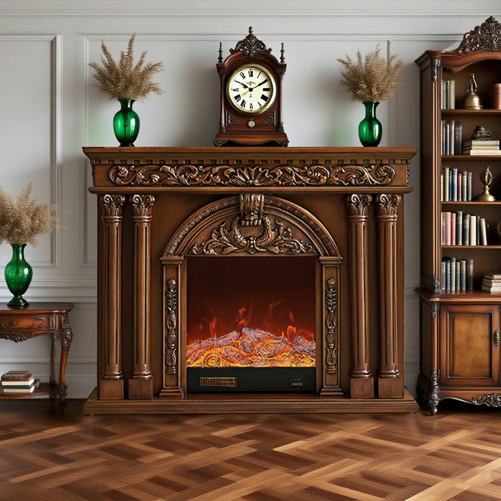 LIVARA 150cm Electric Fireplace TV Cabinet – Solid Wood Frame, 3D Flame Effect, Dual Core Options, Realistic Flame, Remote Control, Functional Storage - Brown