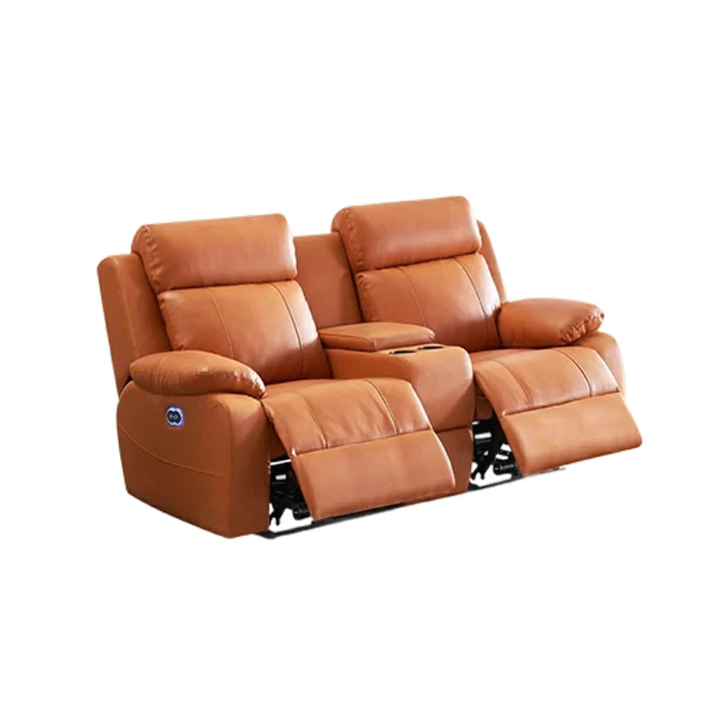 LUXORA 1.9/2.3m Double Electric Home Theatre Recliner Sofa with Centre Console Top-Grain Leather One-Touch Adjustable Backrest & Footrest - Brown