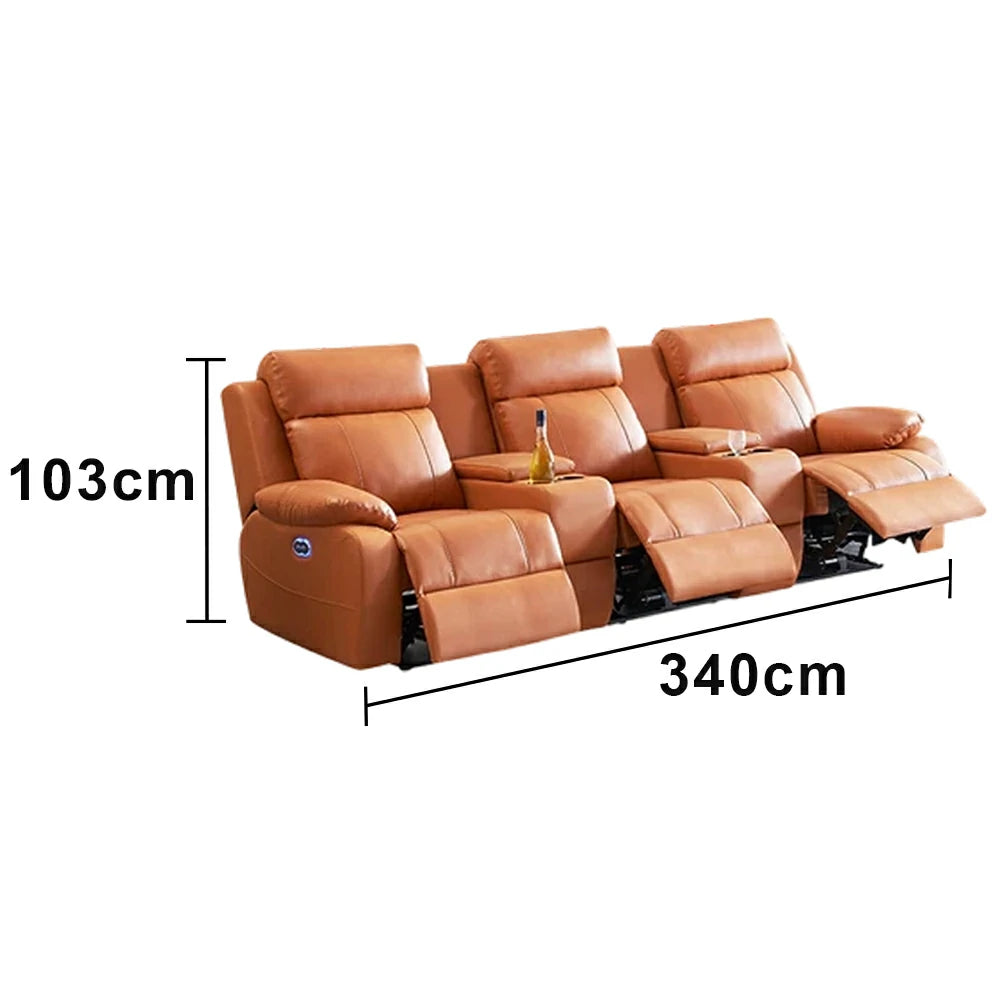 LUXORA 2.8/3.4m Triple Electric Home Theatre Recliner Sofa with Dual Centre Consoles Top-Grain Leather One-Touch Adjustable Backrest & Footrest - Brown