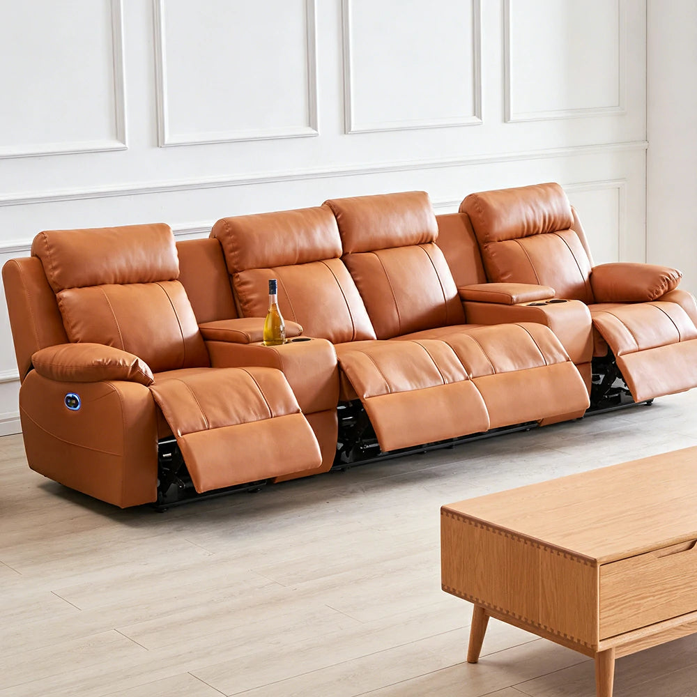 LUXORA 3.4/4.2m Quad Electric Home Theatre Recliner Sofa with Dual Centre Consoles Top-Grain Leather One-Touch Adjustable Backrest & Footrest - Brown