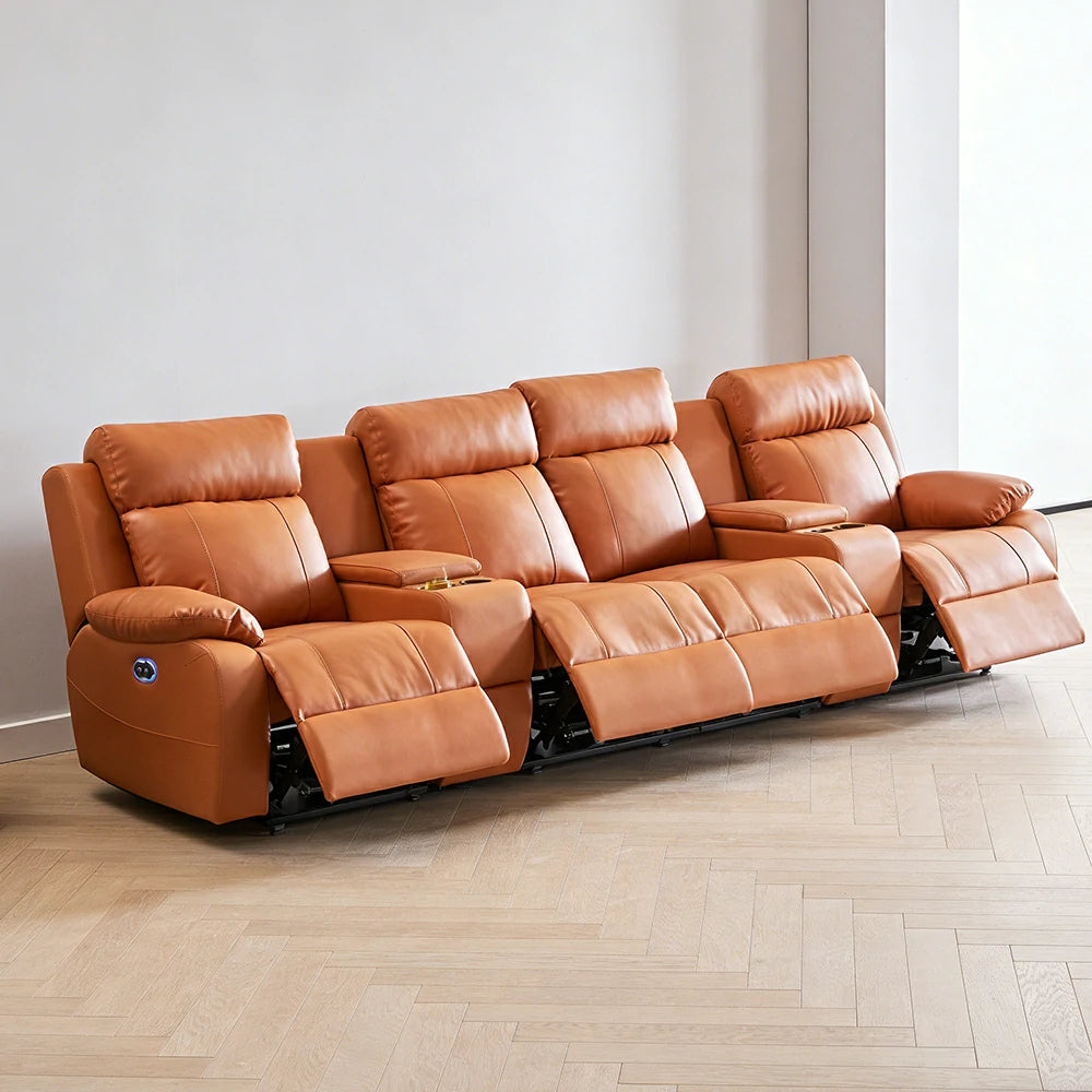 LUXORA 3.4/4.2m Quad Electric Home Theatre Recliner Sofa with Dual Centre Consoles Top-Grain Leather One-Touch Adjustable Backrest & Footrest - Brown