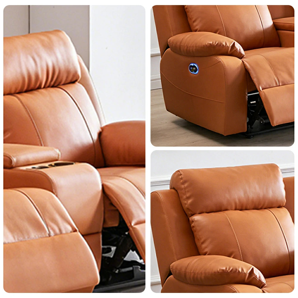 LUXORA 3.4/4.2m Quad Electric Home Theatre Recliner Sofa with Dual Centre Consoles Top-Grain Leather One-Touch Adjustable Backrest & Footrest - Brown