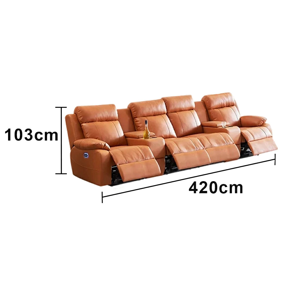 LUXORA 3.4/4.2m Quad Electric Home Theatre Recliner Sofa with Dual Centre Consoles Top-Grain Leather One-Touch Adjustable Backrest & Footrest - Brown