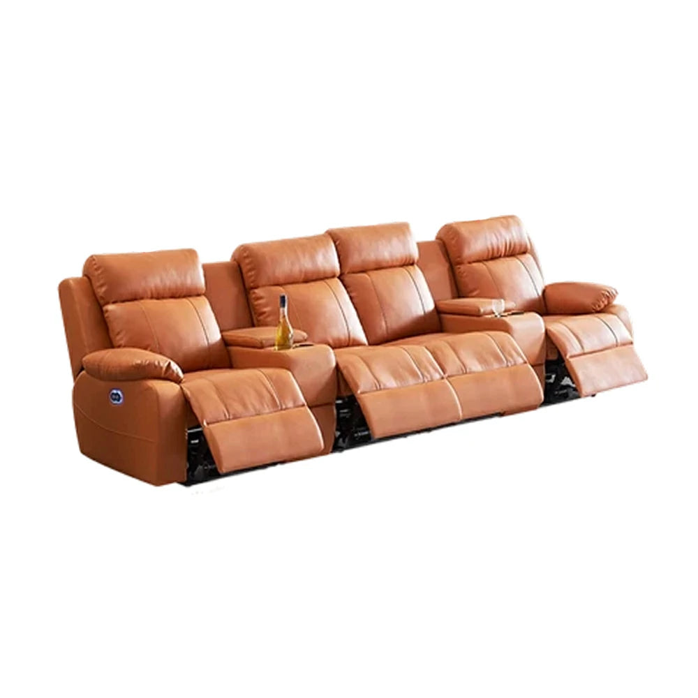 LUXORA 3.4/4.2m Quad Electric Home Theatre Recliner Sofa with Dual Centre Consoles Top-Grain Leather One-Touch Adjustable Backrest & Footrest - Brown