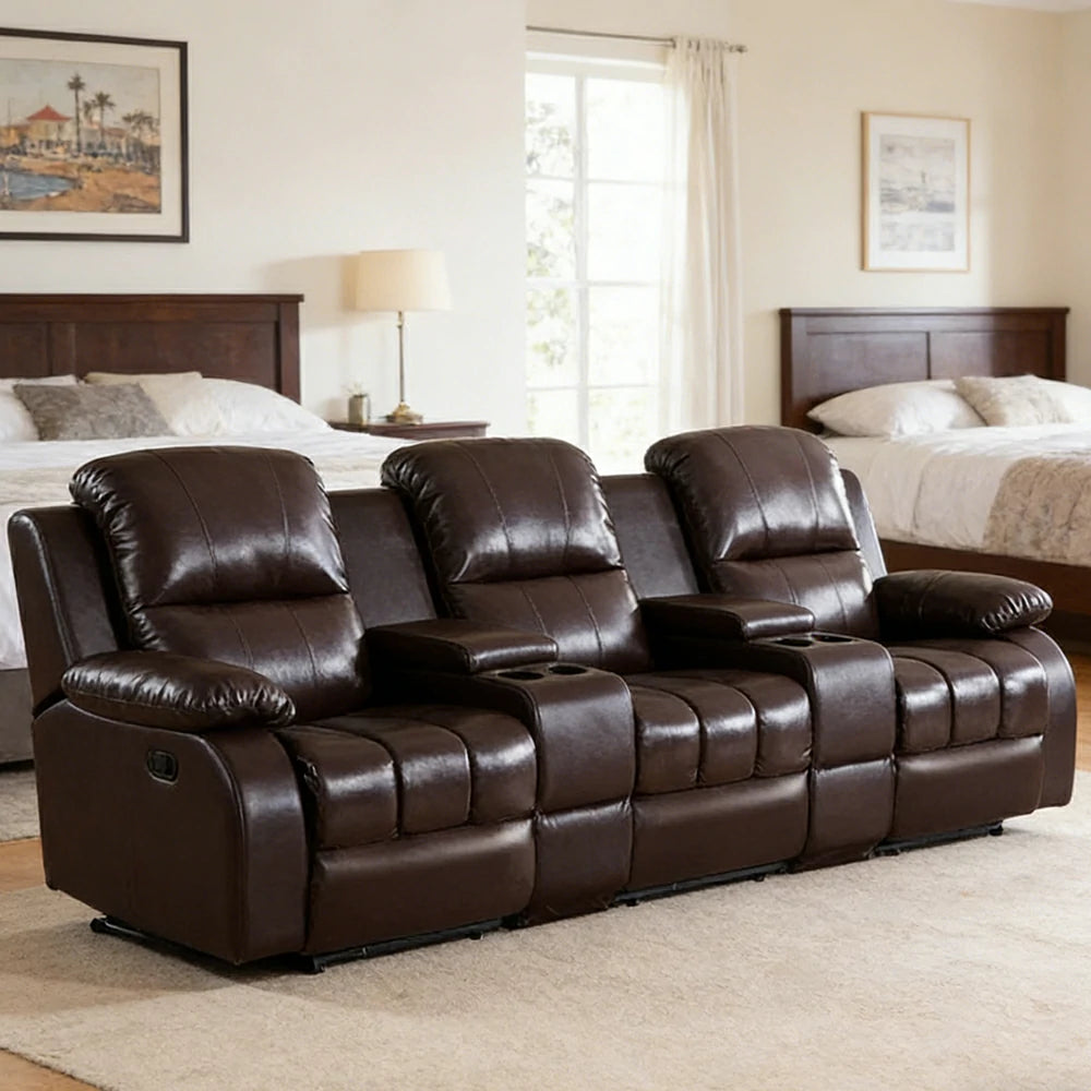 LUXORA 2.8/3.4m Triple Electric Home Theatre Recliner Sofa with Dual Centre Consoles Top-Grain Leather One-Touch Adjustable Backrest & Footrest - Black