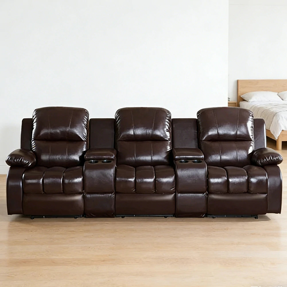 LUXORA 2.8/3.4m Triple Electric Home Theatre Recliner Sofa with Dual Centre Consoles Top-Grain Leather One-Touch Adjustable Backrest & Footrest - Black