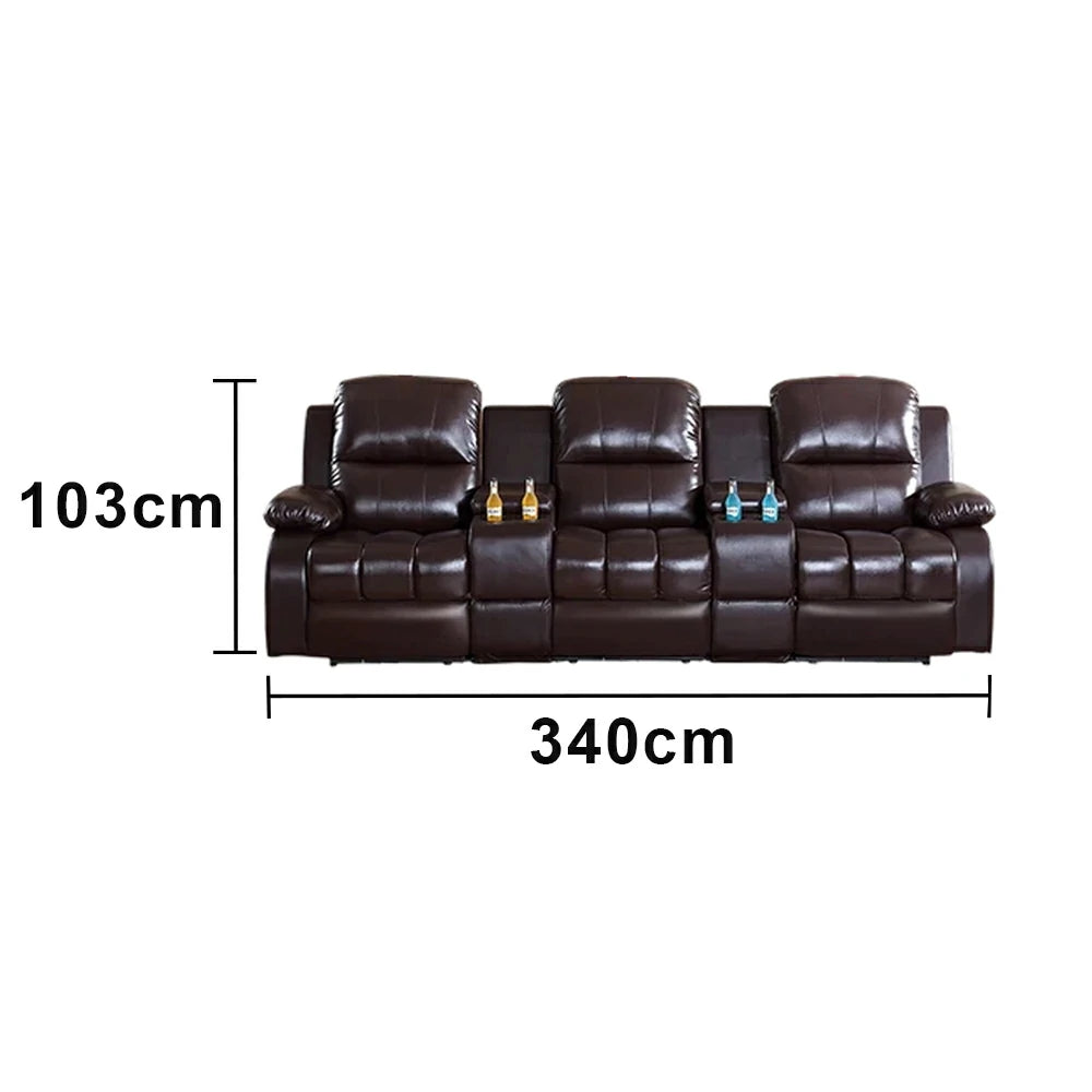 LUXORA 2.8/3.4m Triple Electric Home Theatre Recliner Sofa with Dual Centre Consoles Top-Grain Leather One-Touch Adjustable Backrest & Footrest - Black