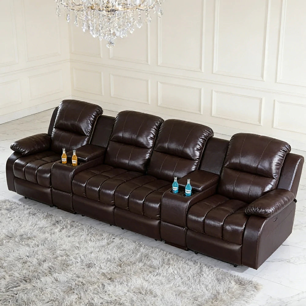 LUXORA 3.4/4.2m Quad Electric Home Theatre Recliner Sofa with Dual Centre Consoles Top-Grain Leather One-Touch Adjustable Backrest & Footrest - Black